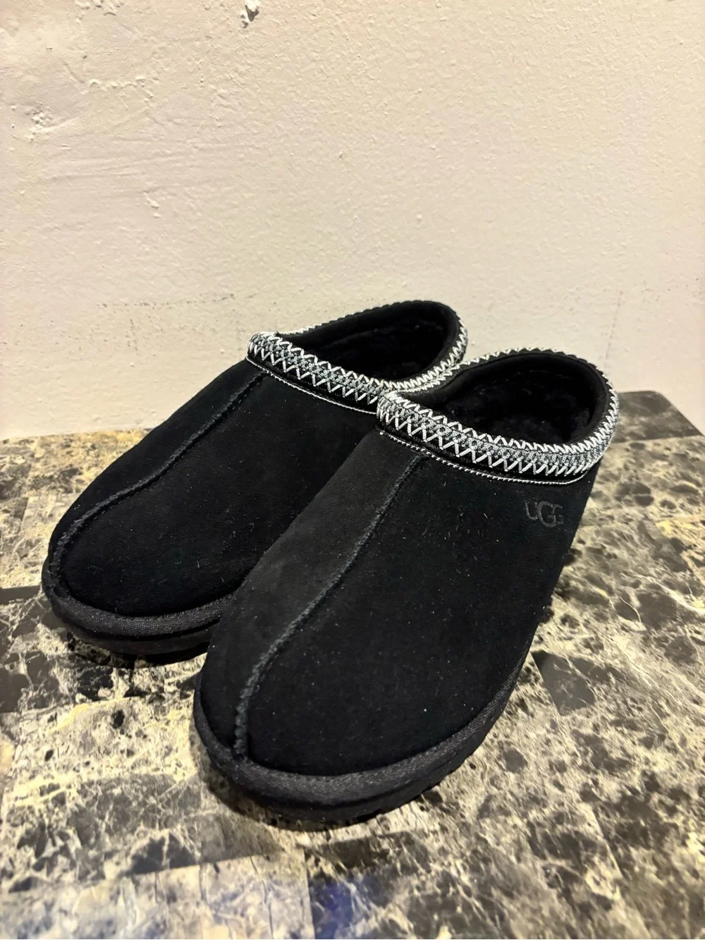 UGG Men’s Black Suede Slip-On Mules with Contrast Trim